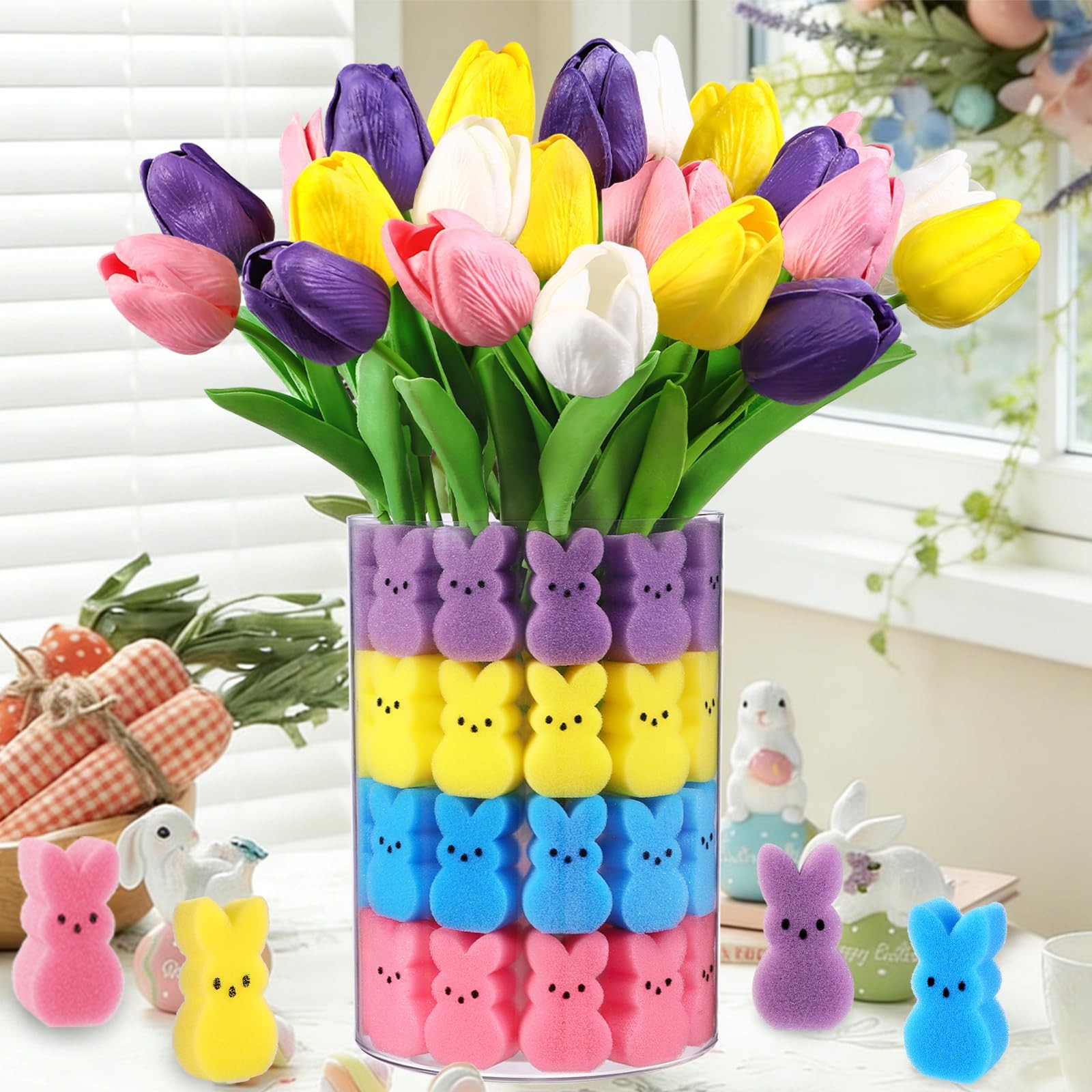 15 PCS Artificial Tulips 48 PCS Sponge Bunny Easter Vase Filler Set