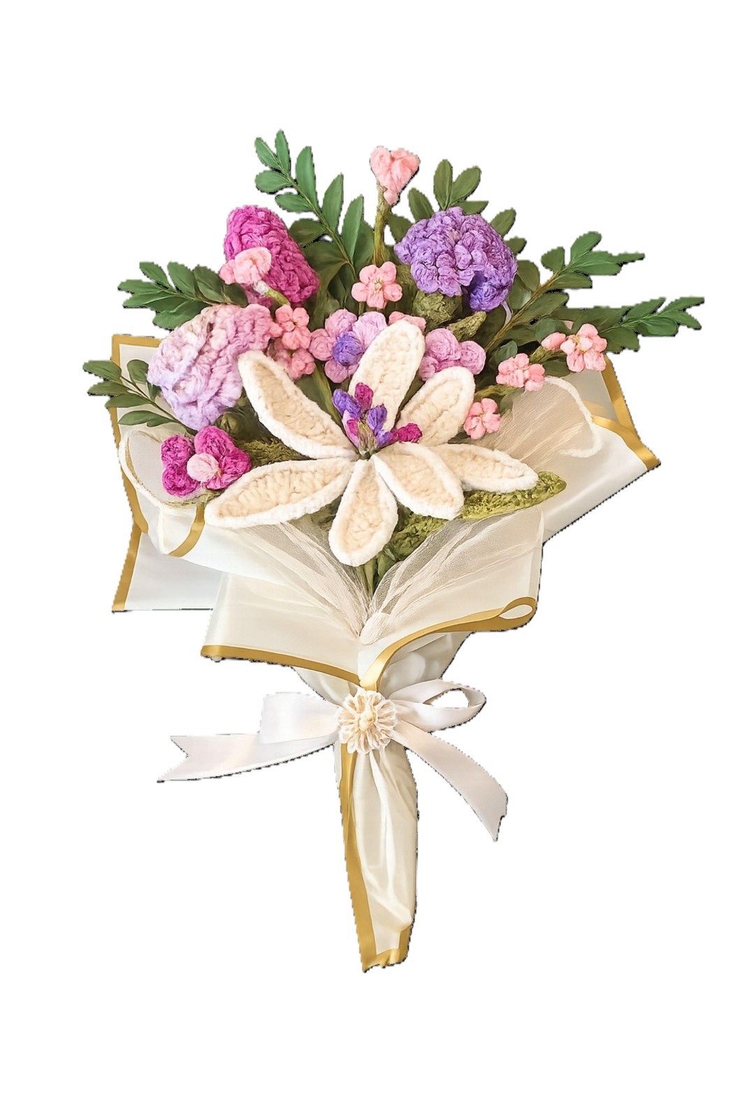 Hand Crocheted Flower Bouquet Purple Pink Burgandy Rose Lily Carnation Gift