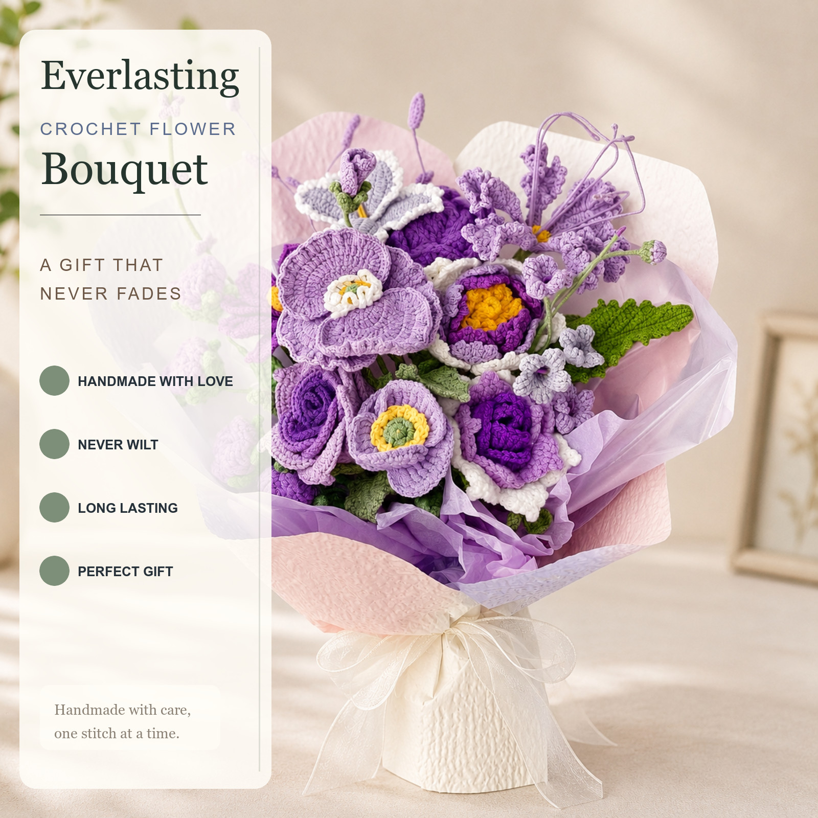 Purple Lavender Crochet Flower Bouquet Birthday Gift for Her