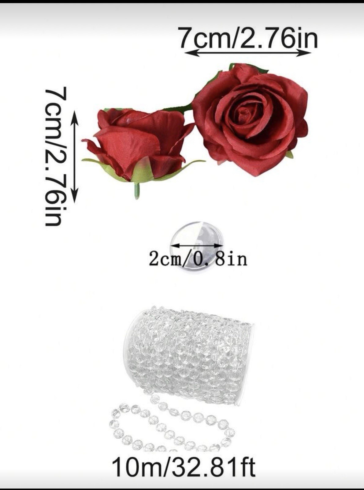 Artificial Red Rose Hanging Decor with Crystal Bead Strands, 7cm Roses 21 pcs