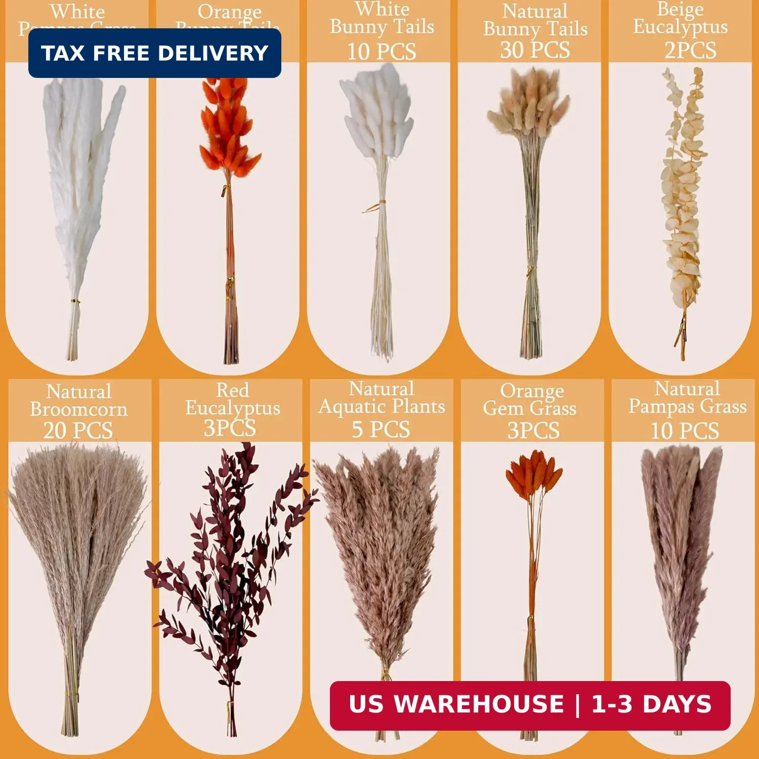 130Pcs Real Orange Pampas Grass, 17″ Natural Dried Flowers Boho Winter Decor, Mi