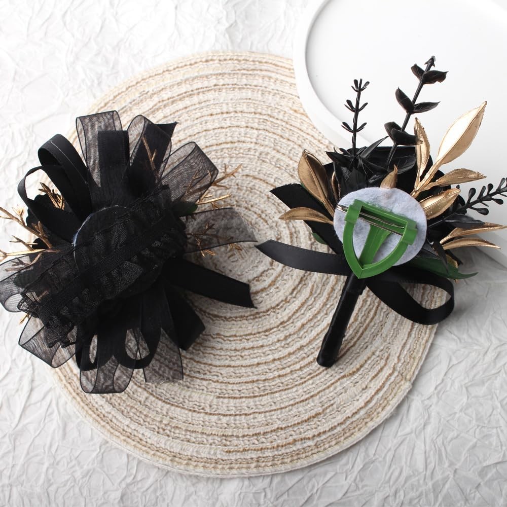 2 PCS Black Rose Wrist Corsage Wristlet Boutonniere Set Wedding Prom Flower