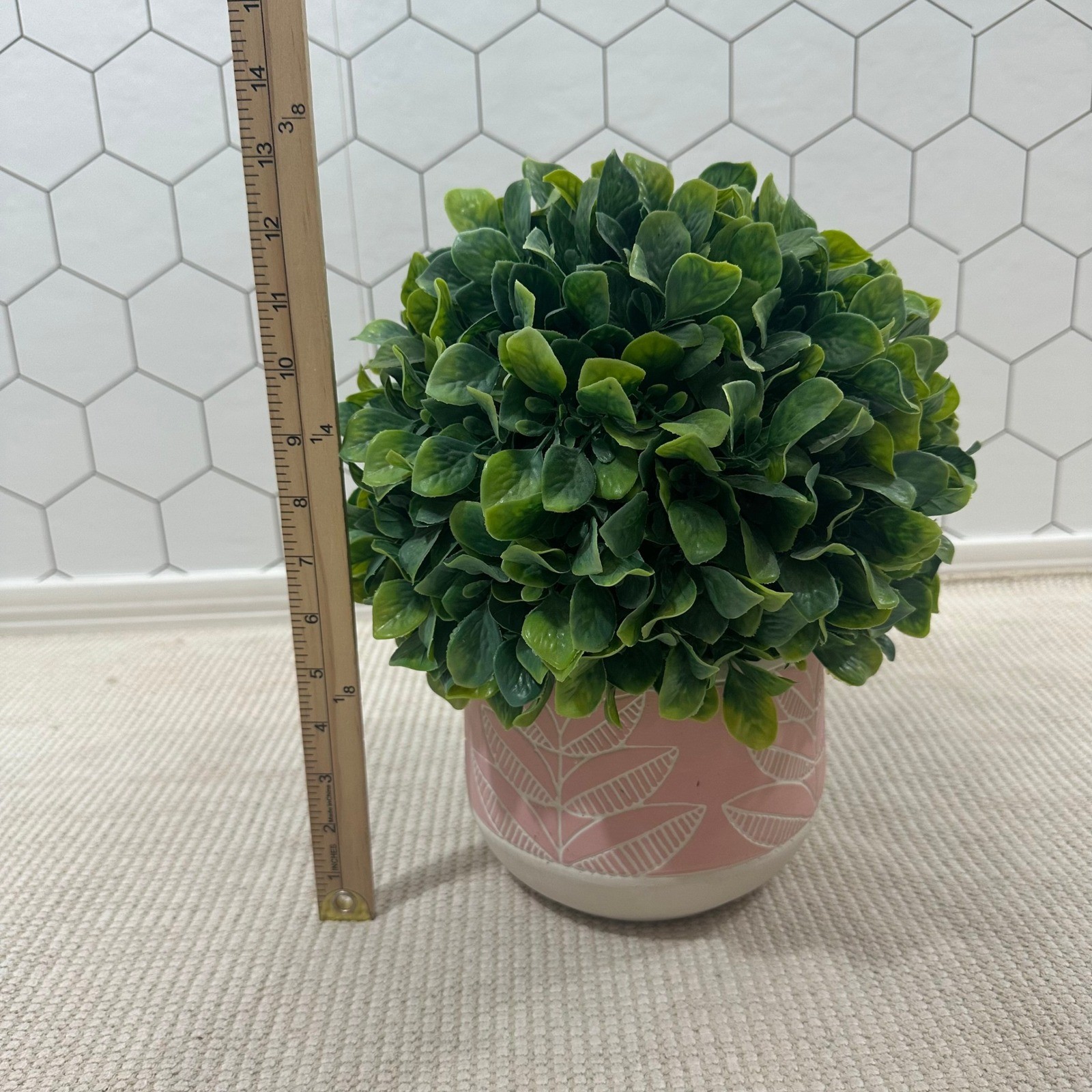Artificial Boxwood Topiary Ball in Pink Etched Leaf Ceramic Pot 10in Green Faux