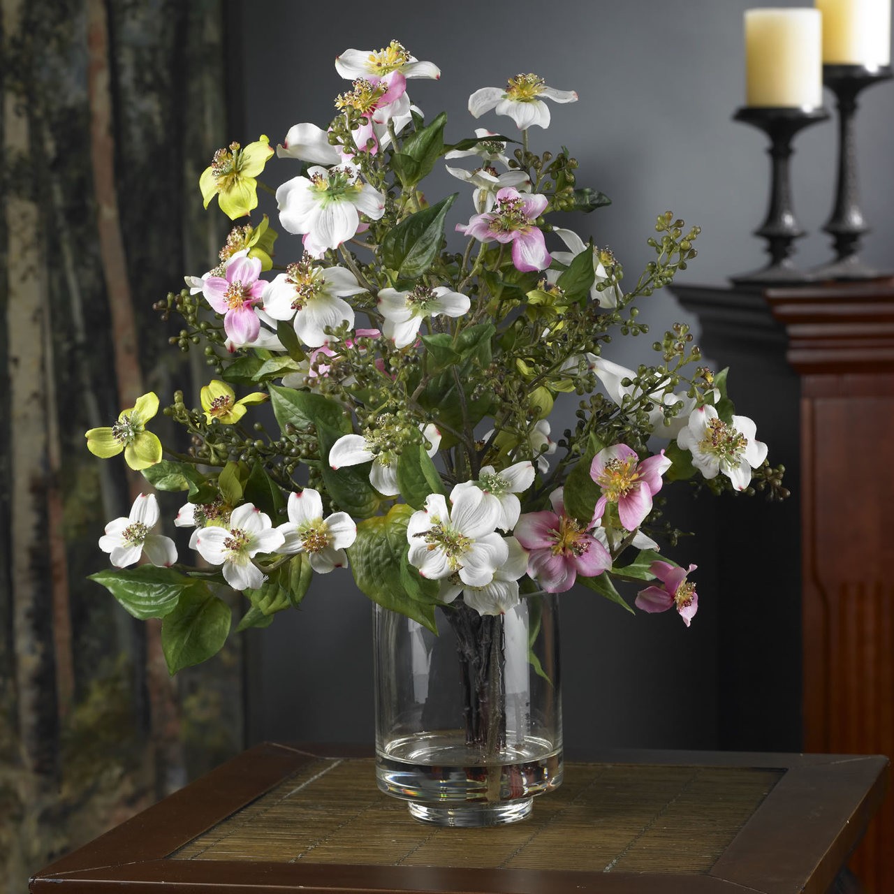 Dogwood Silk Flower Arrangement w/ Glass Vase