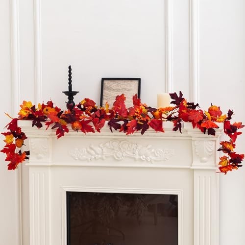 7FT Artificial Fall Garland – Maple Leaves, Pumpkins & Berries for Thanksgiving