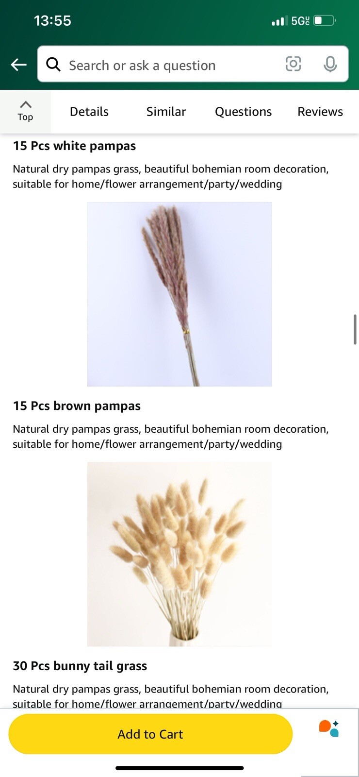Pampas Grass Decor 110 pcs 17.5inch Natural Dried Pampas Grass-15Pcs White Pampa