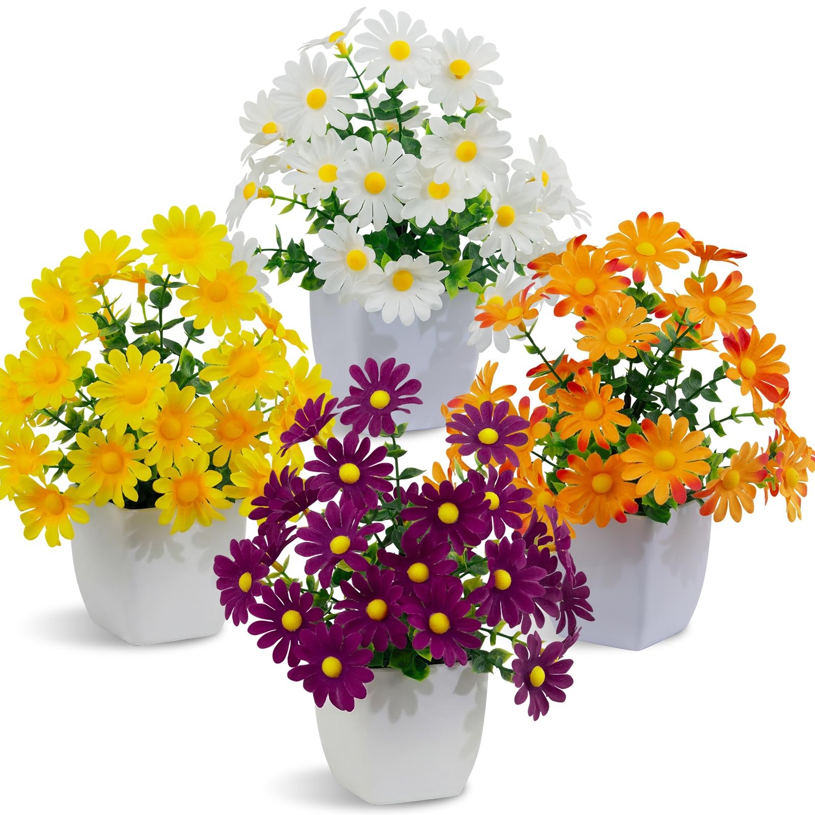 4 Pack Small Artificial Mums Flowers White Pots Fake Mini Potted Plants Decor