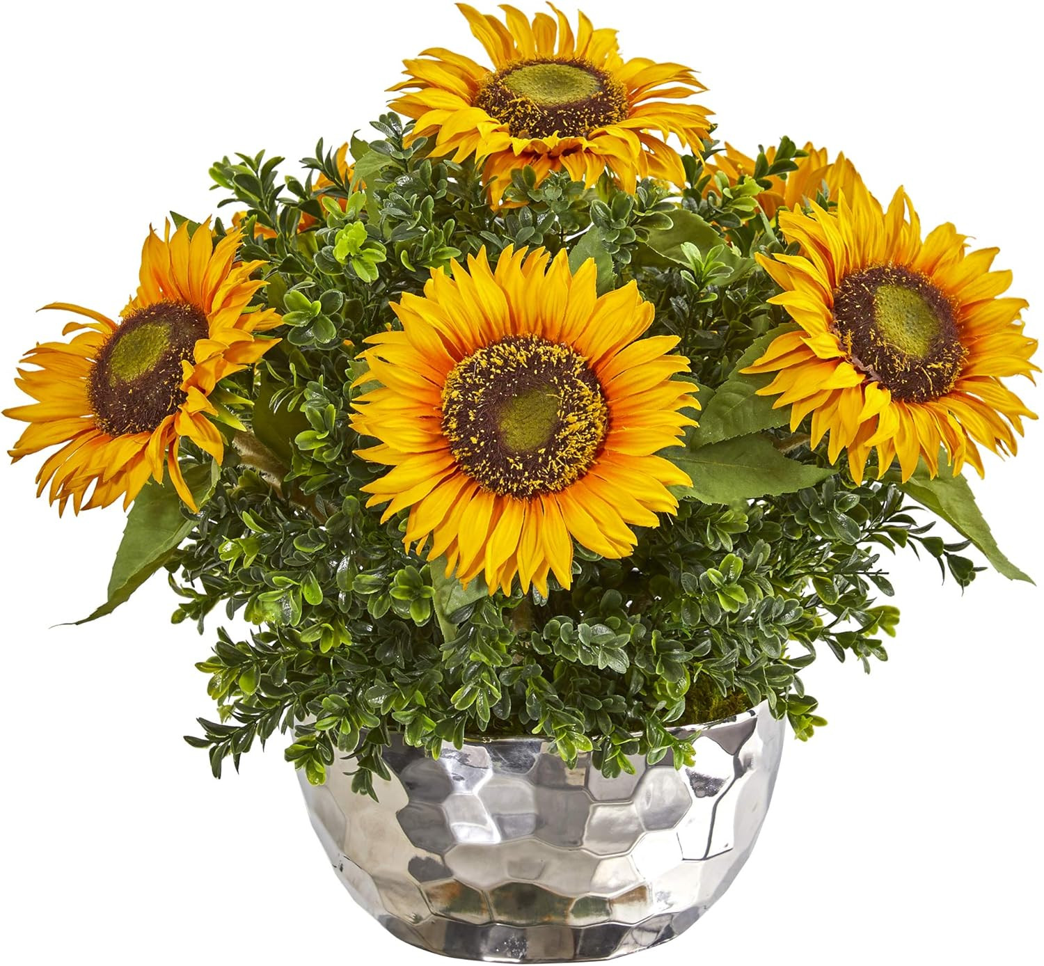 Vibrant Yellow Sunflower Silk Arrangement in Elegant Silver Vase