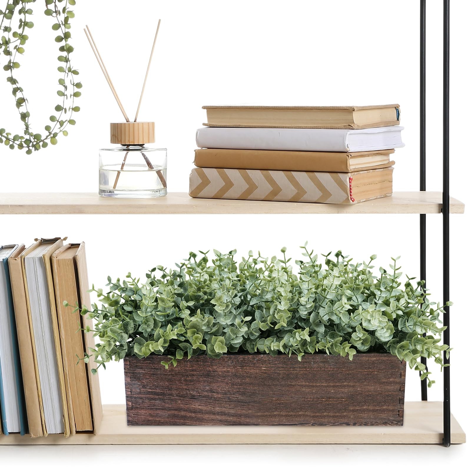 Winlyn 14″ Artificial Eucalyptus in Rectangular Wood Planter Box Faux Plants