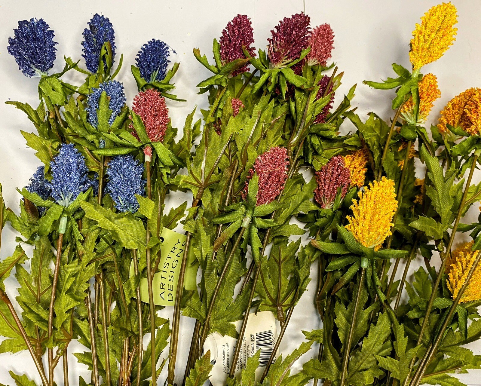 3x Colorful 18”in Artificial Phalaris Flower Bushes Yellow,Purple, Blue~New