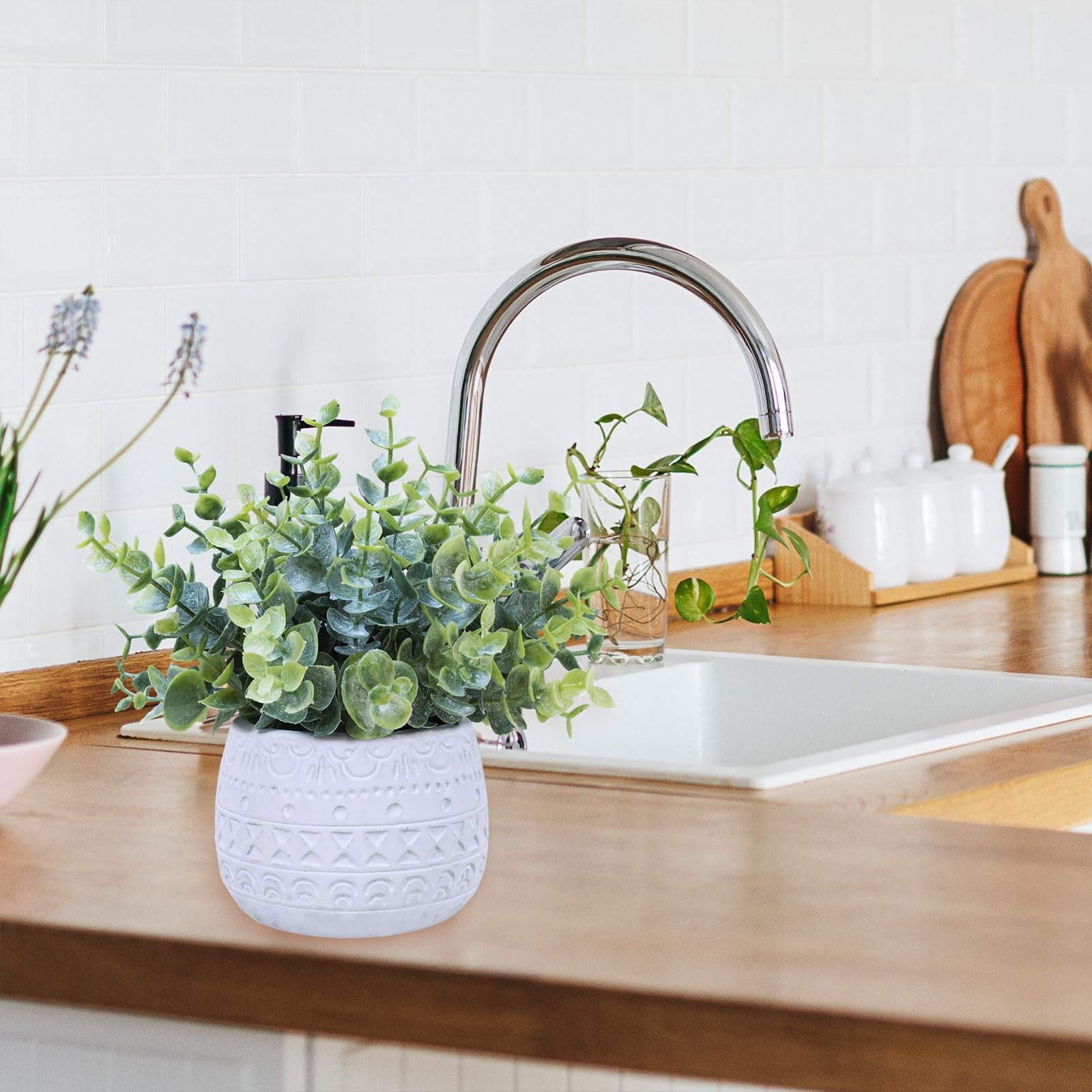 Set of 2 Small Artificial Potted Plants Faux Eucalyptus Plant in White Geomet…