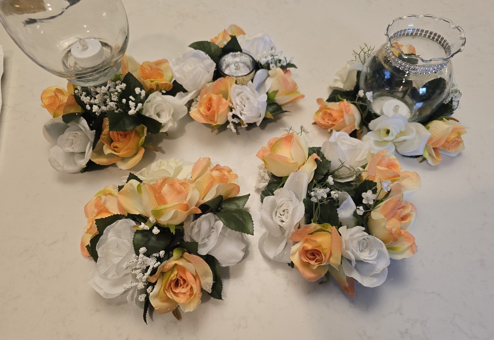 Artificial Flowers Weddingr Centerpieces 5 Pc. White, Orang Roses w/Babys Breath