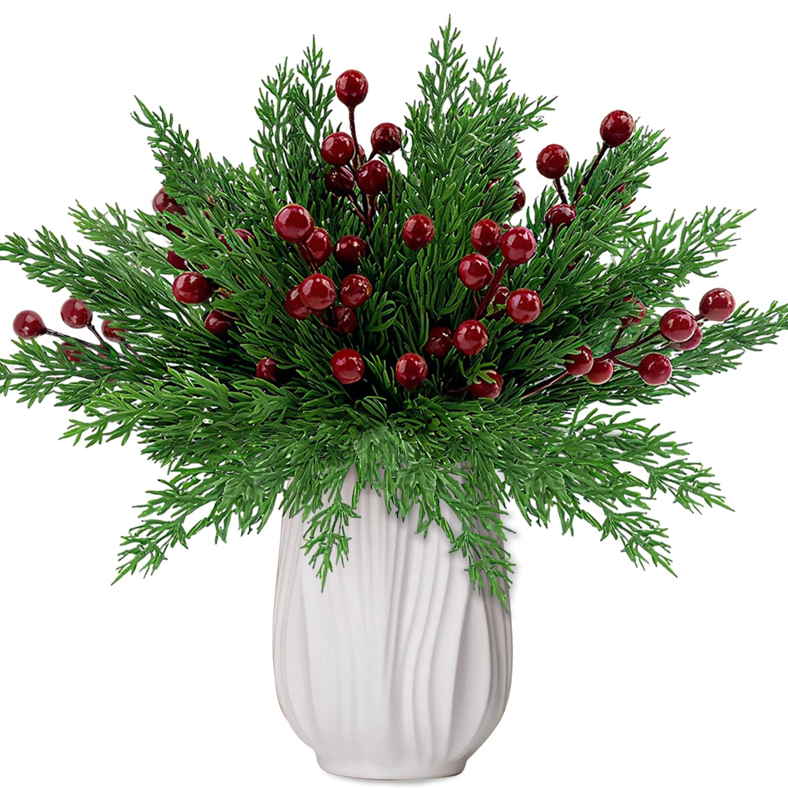 45PCS Christmas Norfolk Pine Branches with Red Berry Stems Artificial Christm…