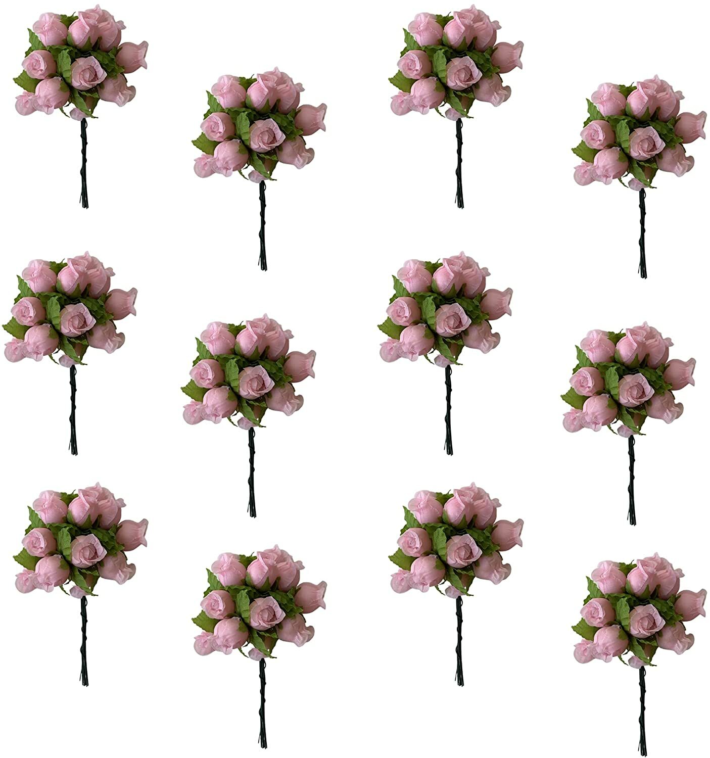 Pink Artificial Silk Flower Roses – 12 Mini Bouquets of 12 Rosebuds, 144 Total