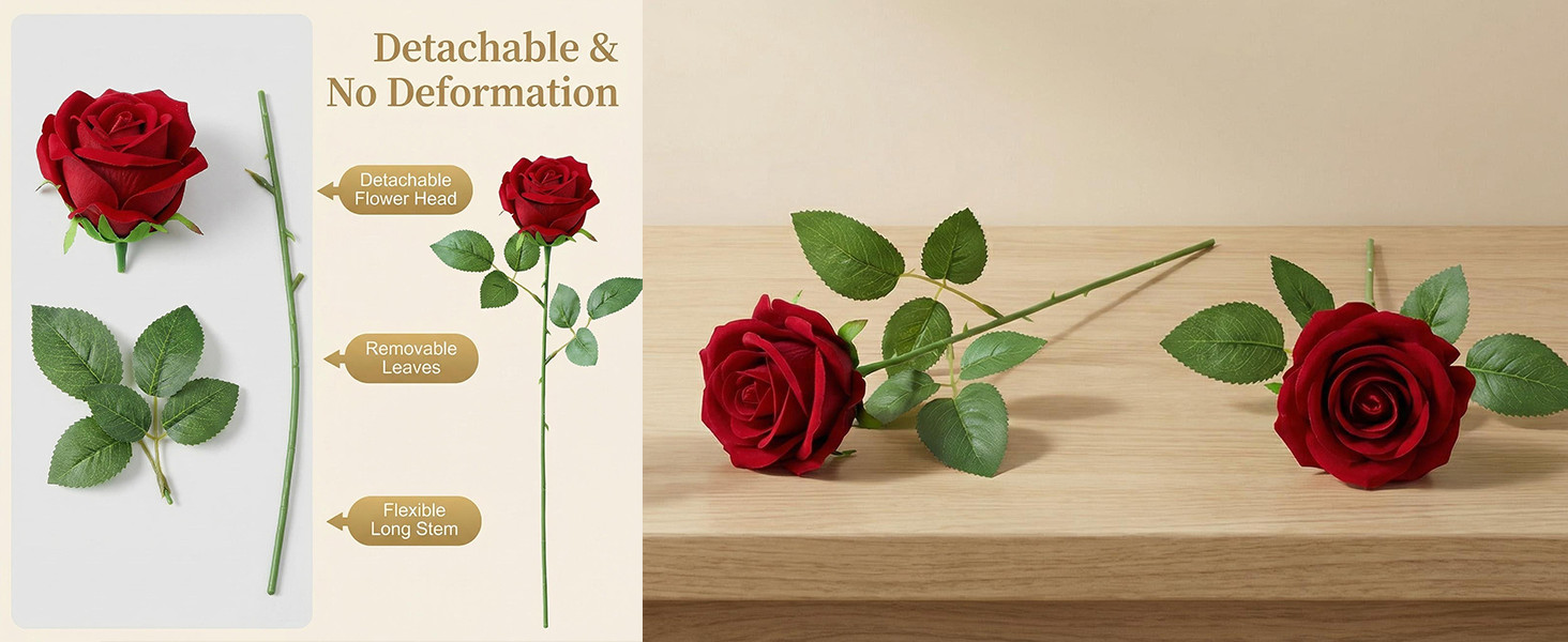 12 Pcs Red Roses Artificial Flowers, Real Touch Fake Velvet Flowers with Stems
