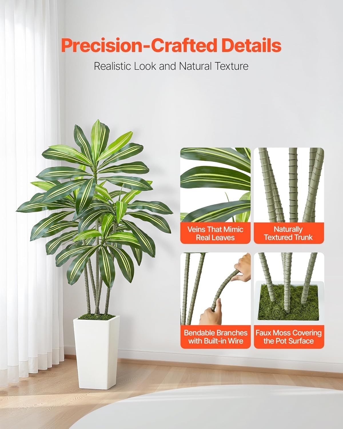 Artificial Dracaena Tree 5 Ft, Fake Palm Tropical Plants with White Tall Planter