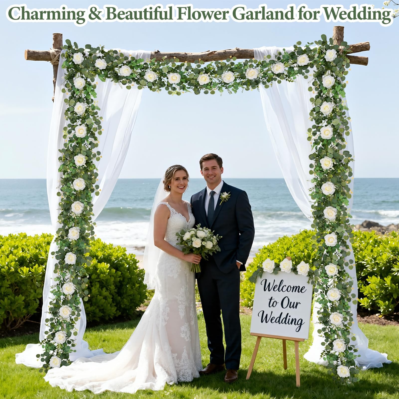 2Pcs 13 FT Artificial Flower Garlands Real Touch Fake Floral Silk White Rose …