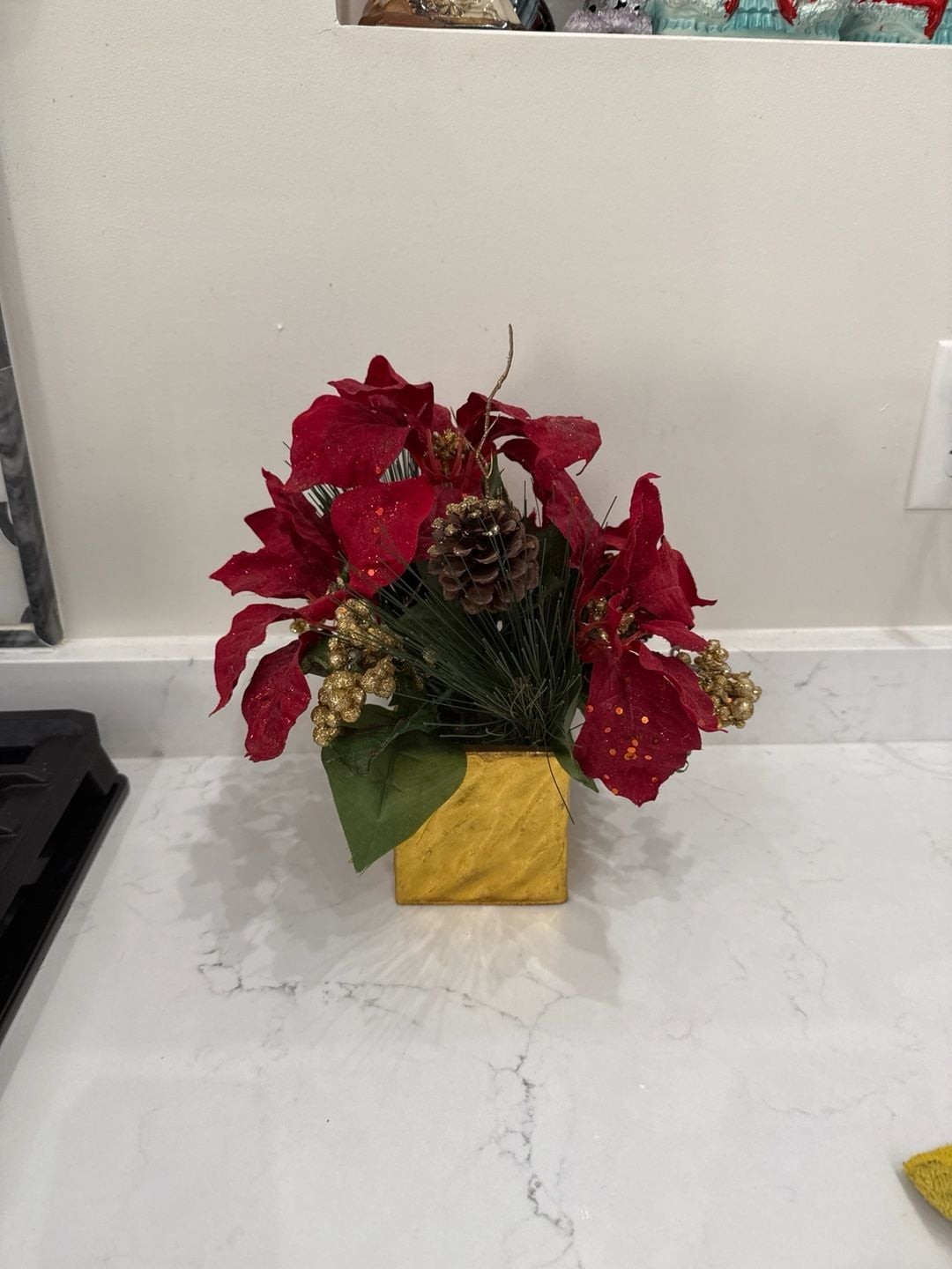 Artificial Poinsettia, Pine and Berry Christmas Arrangement in Gold Square Vase