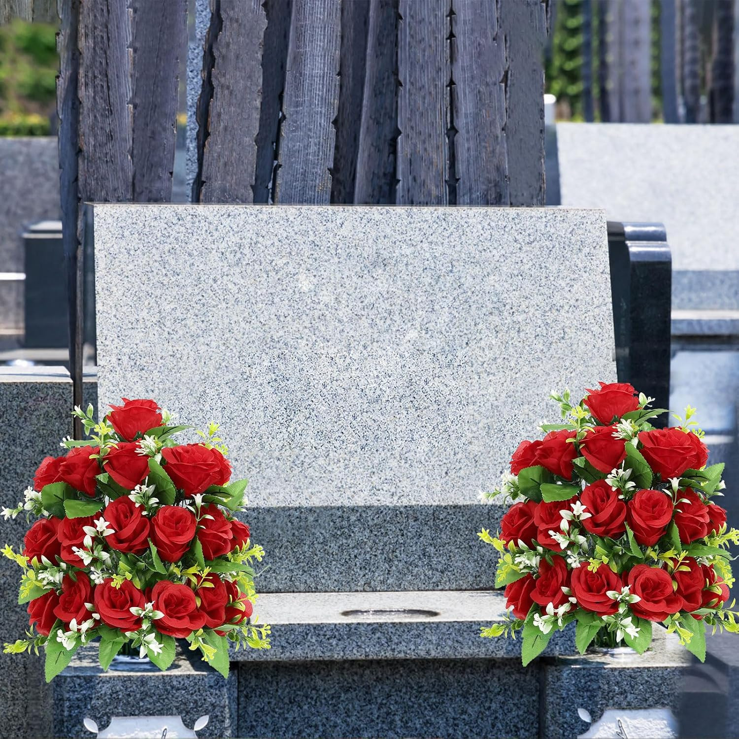 2Pcs Artificial Cemetery Flowers with Vase for Grave, Silk Memorial Day Rose Flo