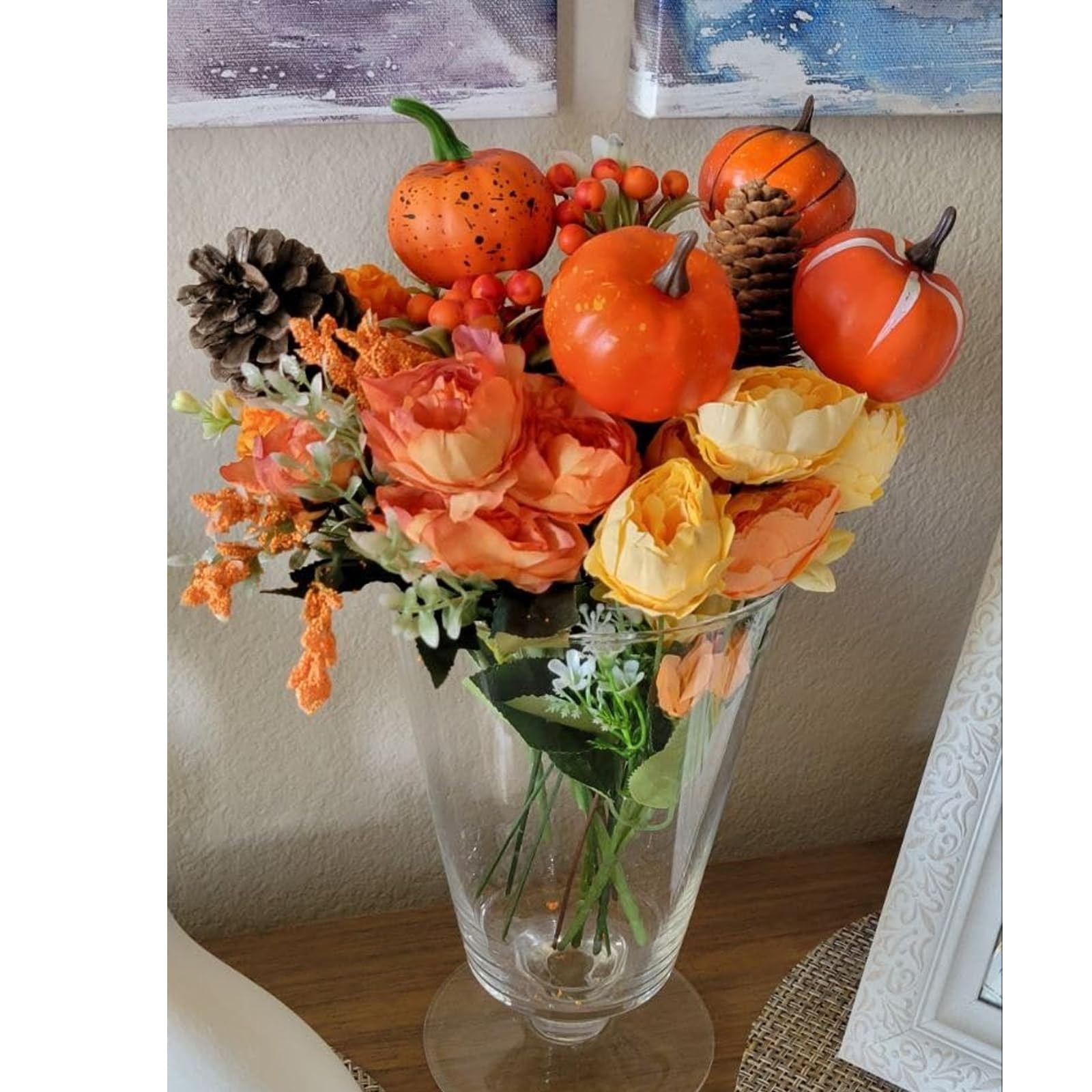Artificial Fall Flowers Orange Roses Pumpkin Bouquet 10 PCS Set