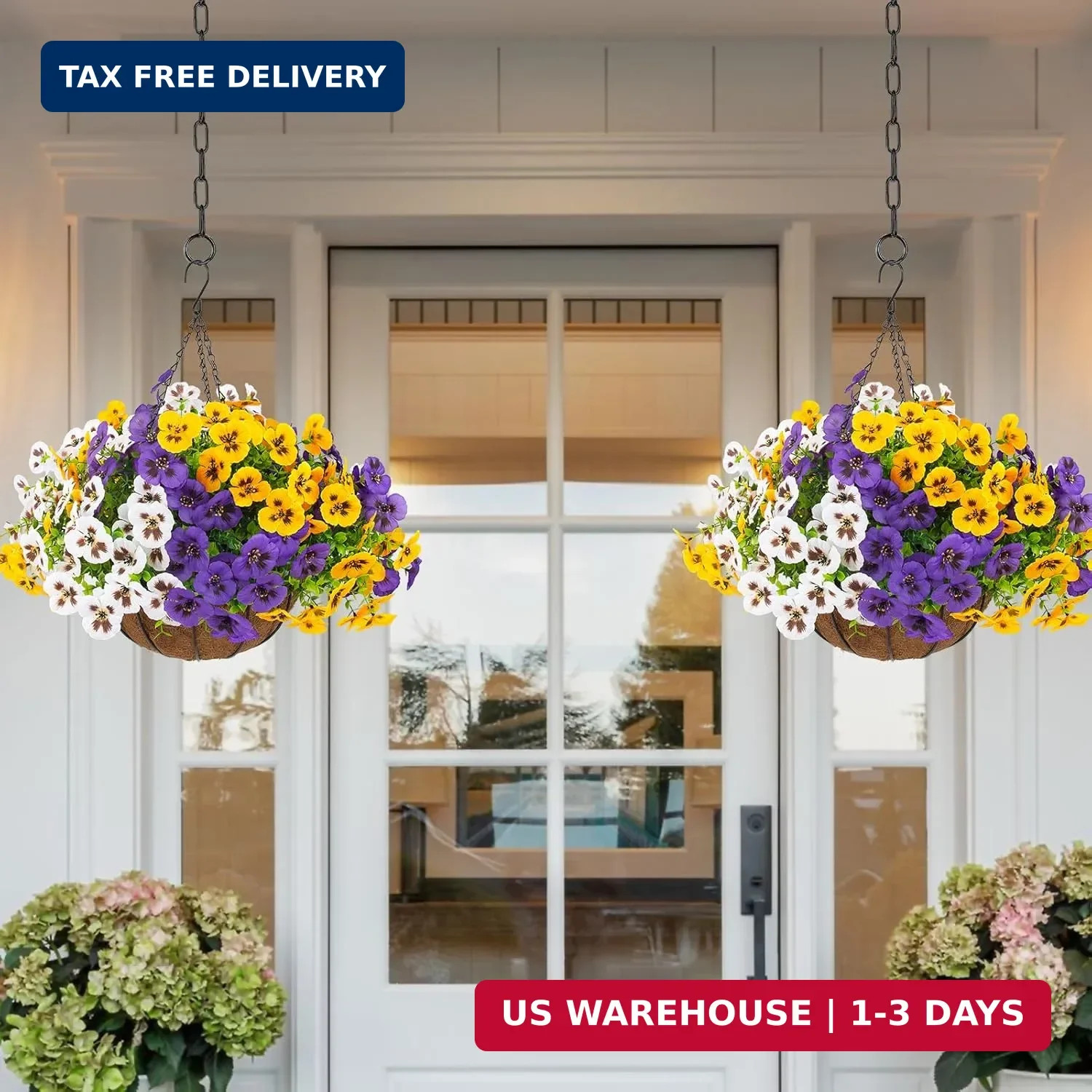2 Sets Artificial Hanging Pansy Flowers with Baskets, 24 Pcs UV Resista