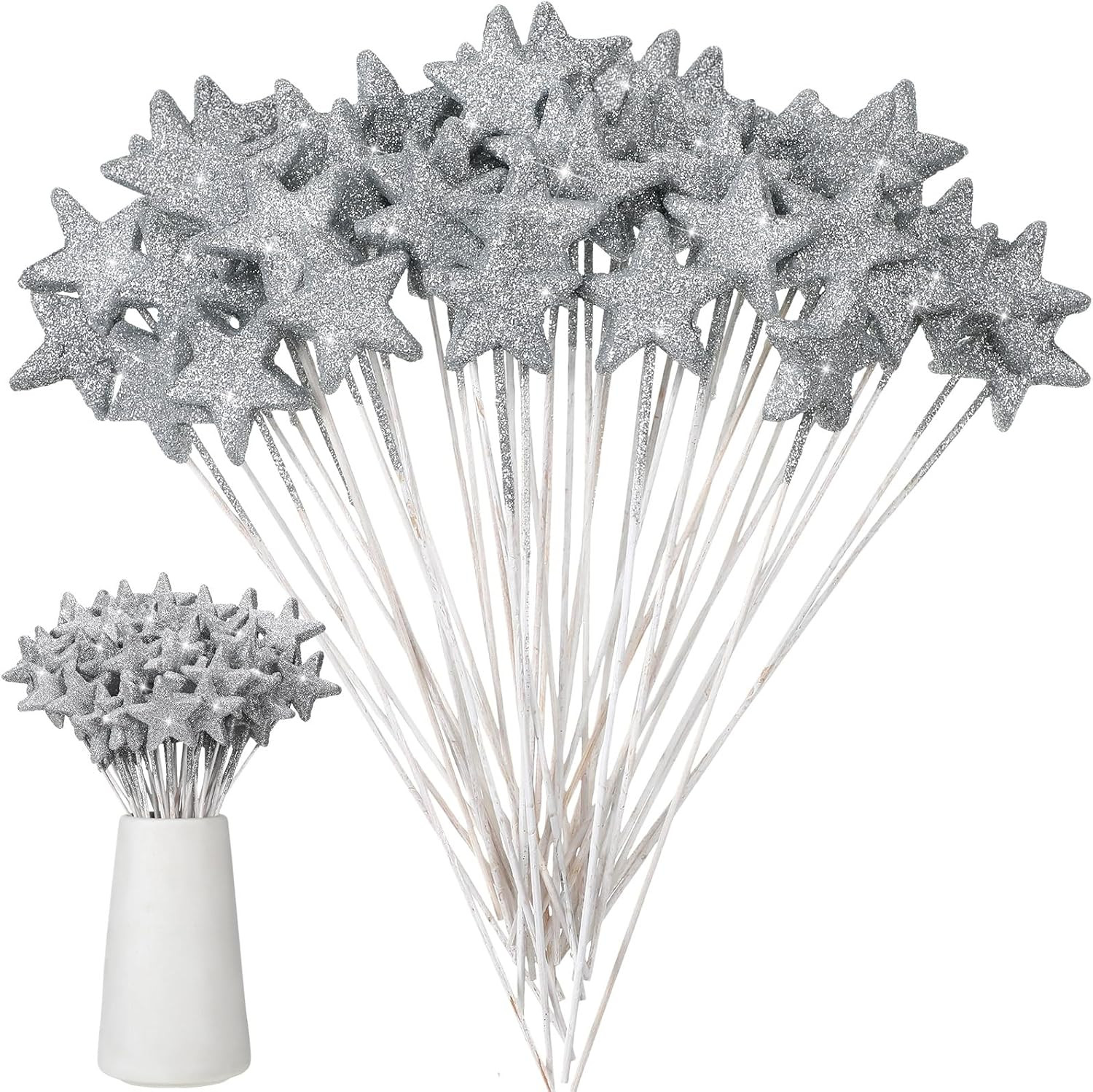 60 Pcs Silver Star Floral Picks 8” Glitter Silver Star Centerpiece Table Decor
