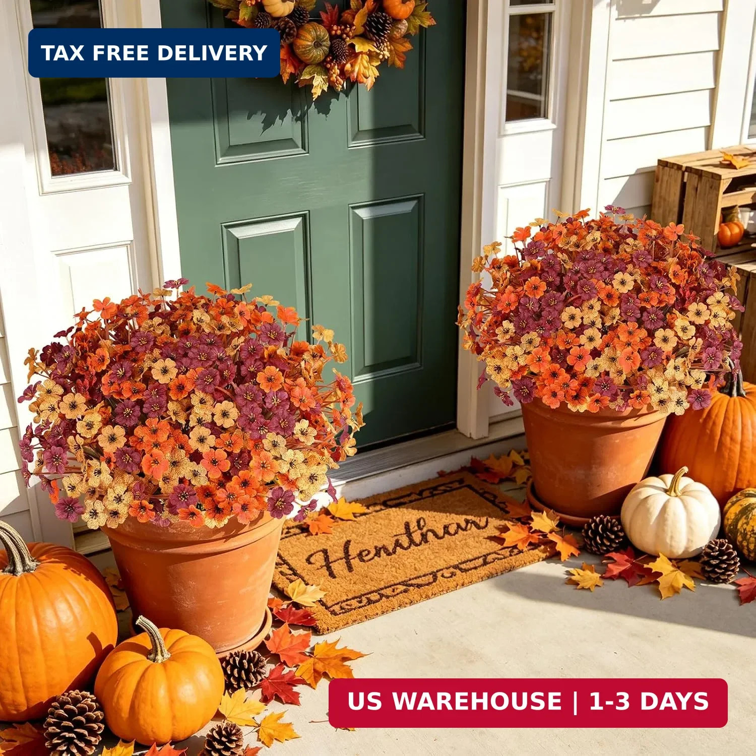 AmyHomie 20 PCS Artificial Fall Flowers for Outdoors, Orange Fake Mums | Fall De