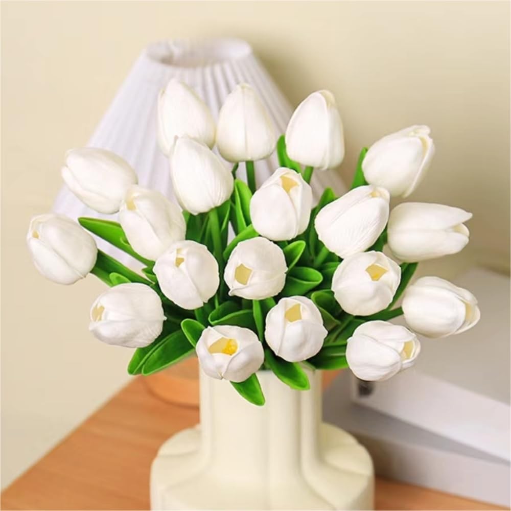 20 PCS White Artificial Tulips Real Touch PU Fake Flower Arrangement Bouquets