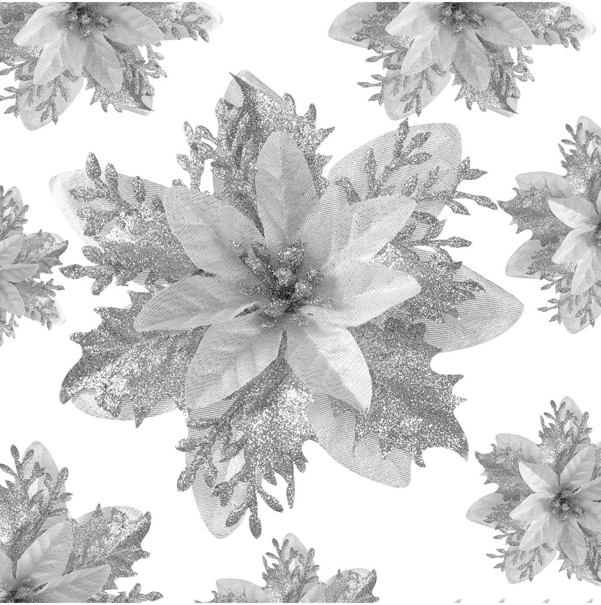 12pc Silver Articial Glitter Poinsettia Flowers Clips & Stems Christmas 5.5in