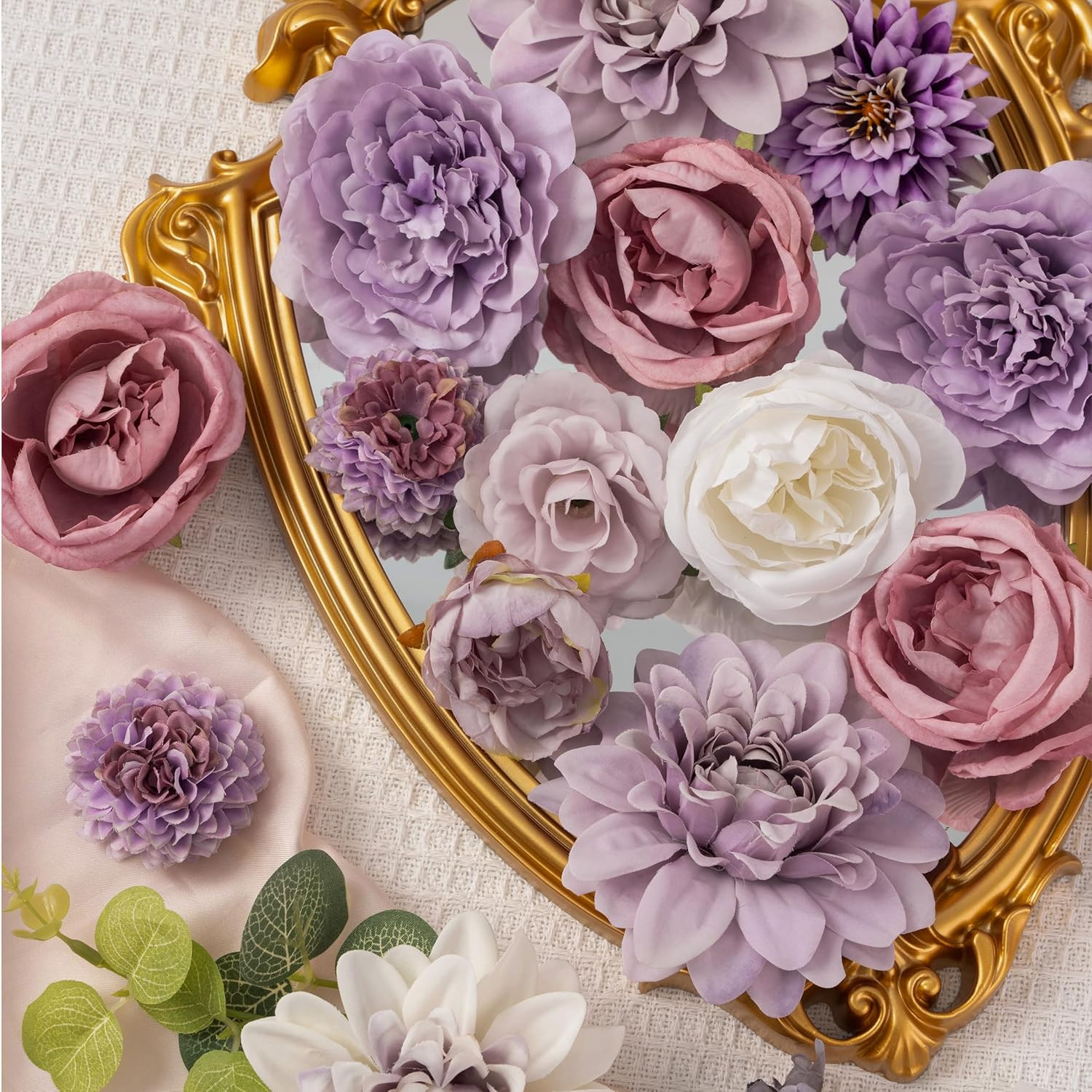 30 Pcs Artificial Flowers Combo Purple Flowers Mix Silk Flowers Dahlia Roses wit