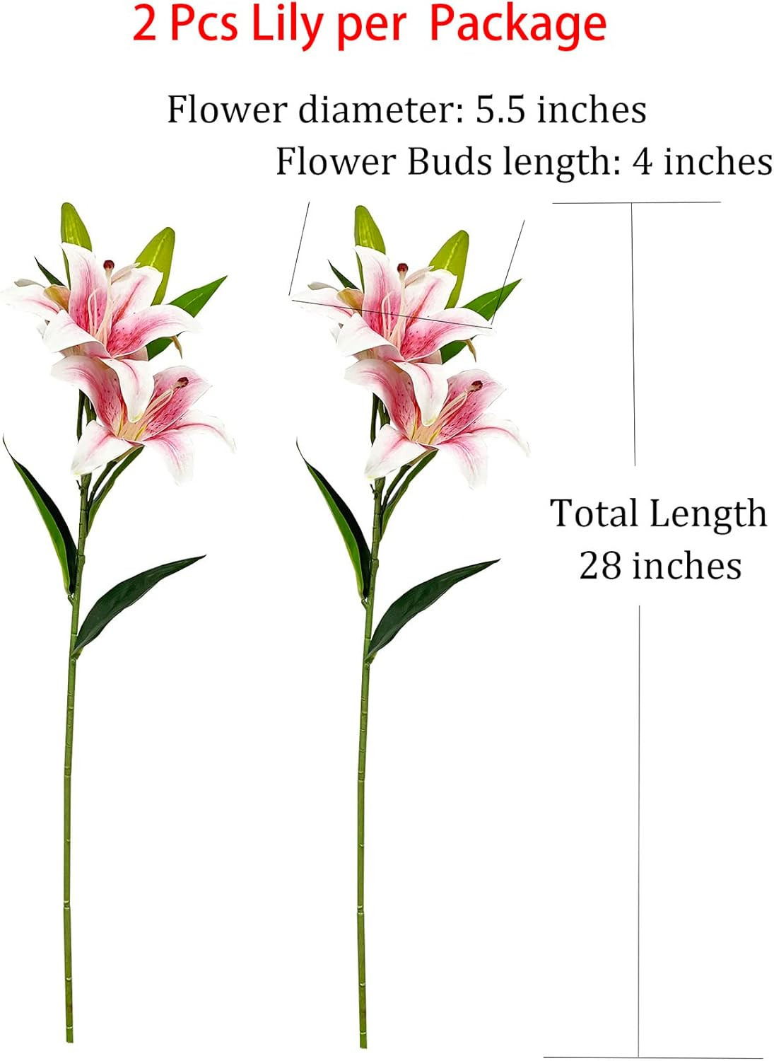 2 Pcs Pink Stargazer Lily Artificial Flowers for Decoration, 28 Inch Long Stems