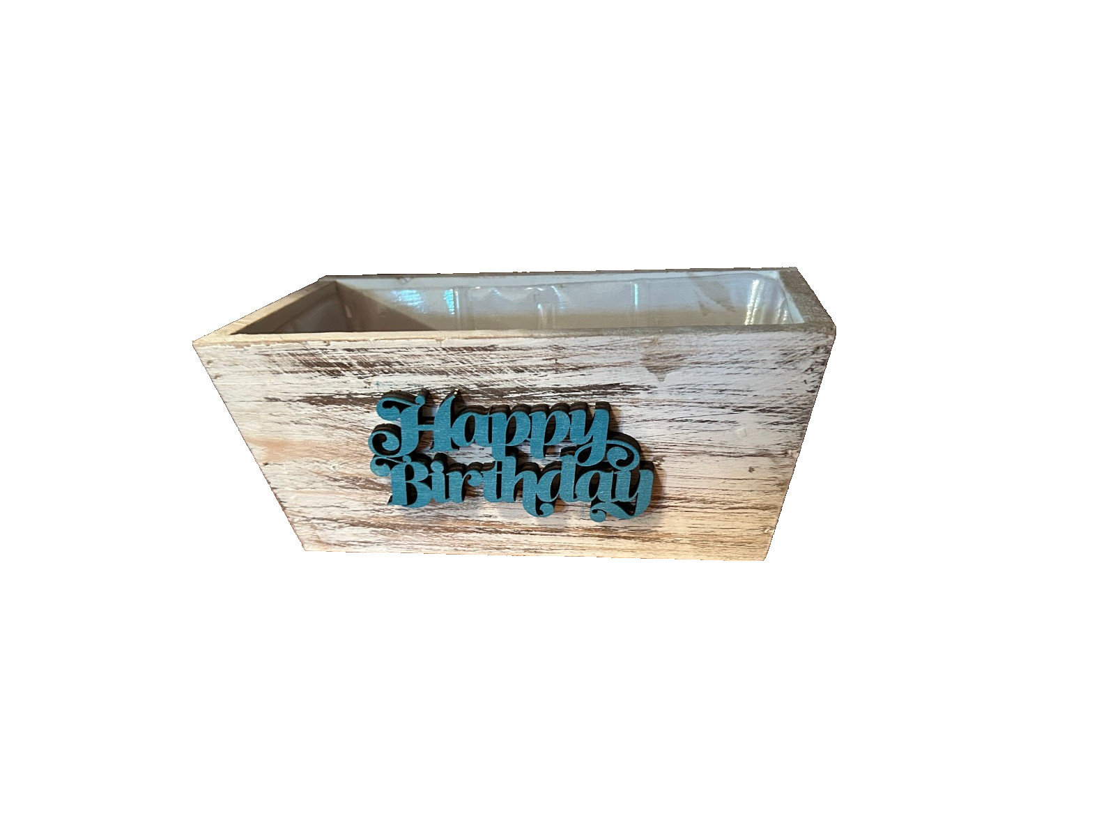 Happy BDay #B White Washed Wood Planter Box W/ Liner 8″ x 4″ x 4″ no Plants