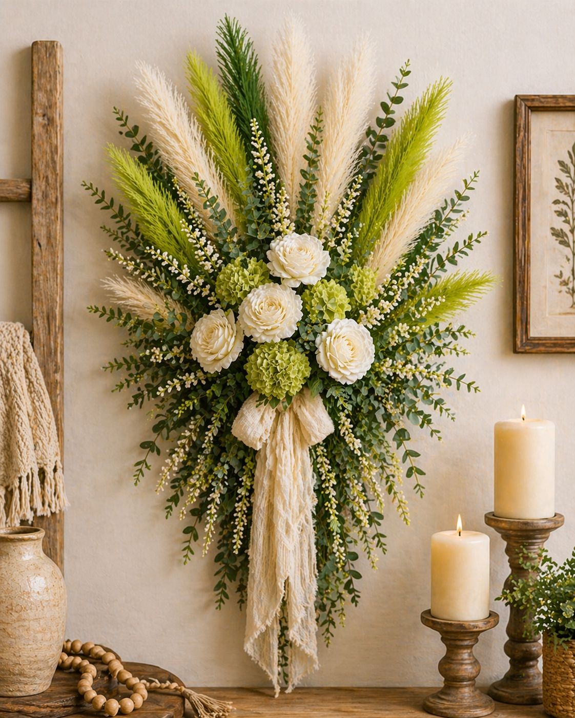 Green Pampas Grass Bundle 16 Stem Faux Pampas White and Green Boho Decor Vase Fi