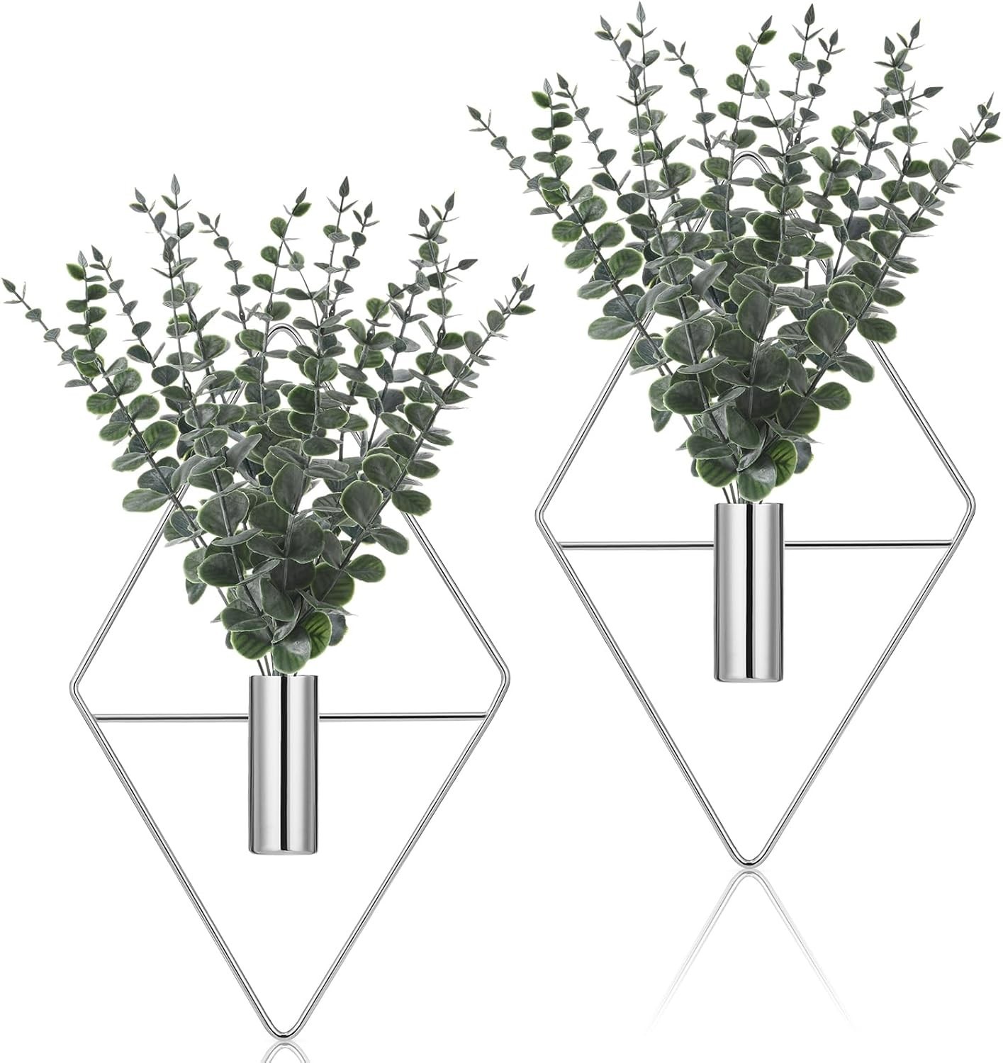 4 Pcs Hanging Planters with Artificial Eucalyptus Chrome Silver Wall Decor Metal