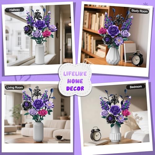 Purple Rose Building Blocks Set for Kids, 701PCS Flower Bouquet Toy, DIY