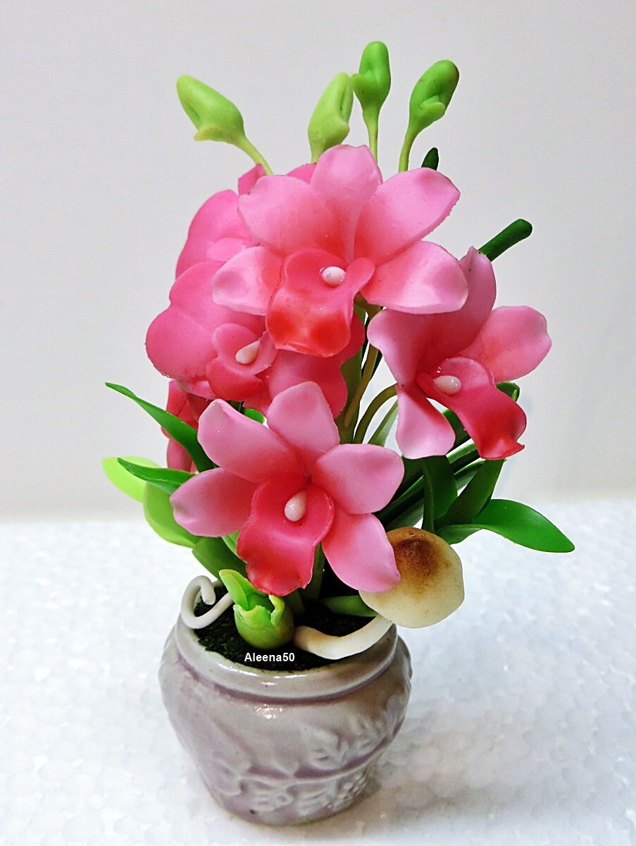 US Stock 4″H Handmade Air-Dry-Clay Pink Mini Dendrobium Orchid Arrange in Pot