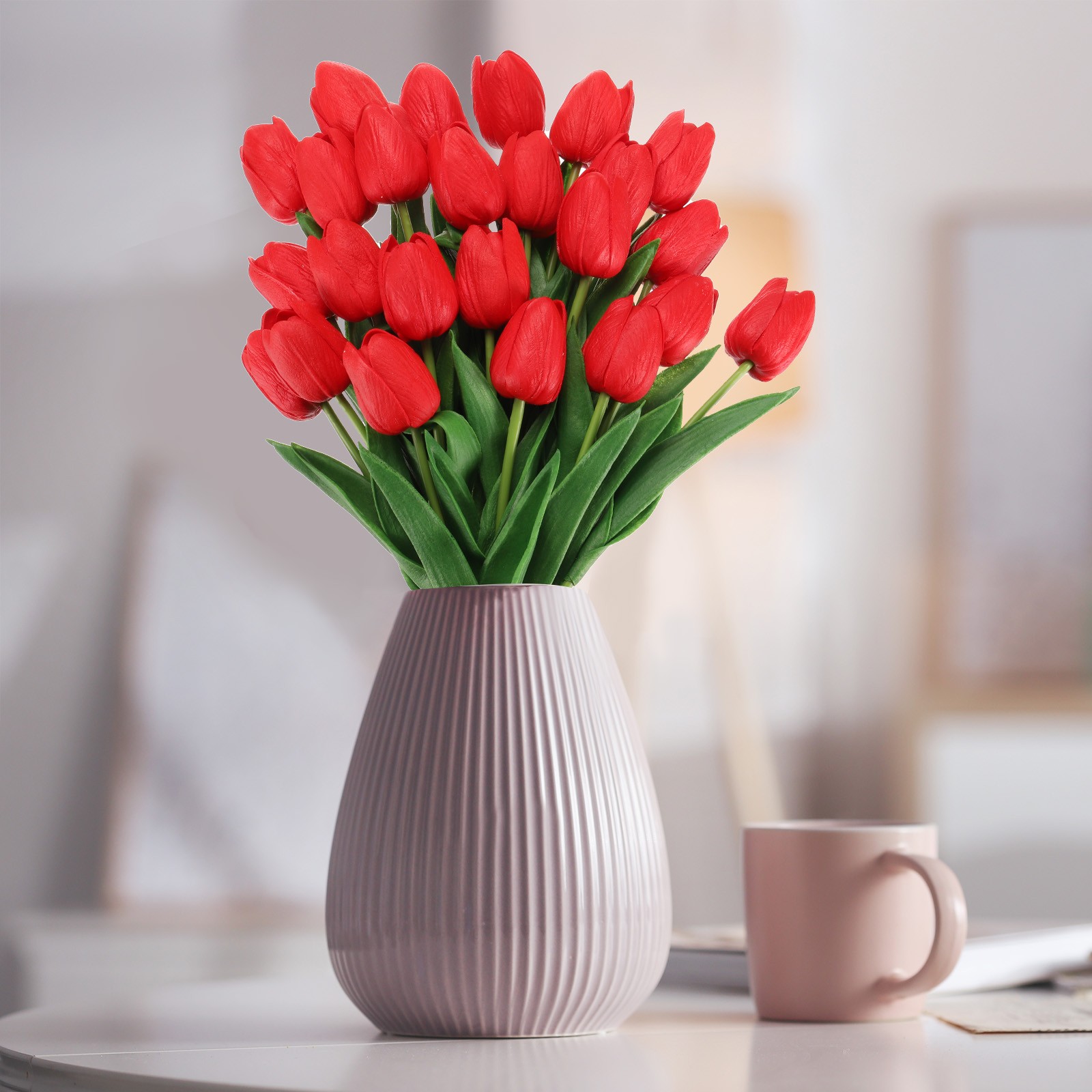 24Pcs Fake Tulips Artificial Flowers, PU Tulips with Stems, Red