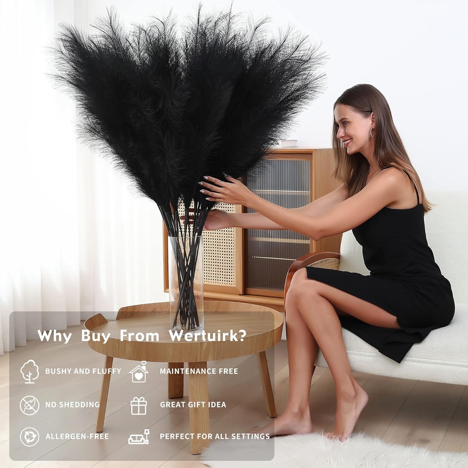 8 Pcs 45 inch Tall Faux Pampas Grass Decor, Large Artificial Black Pompous Grass