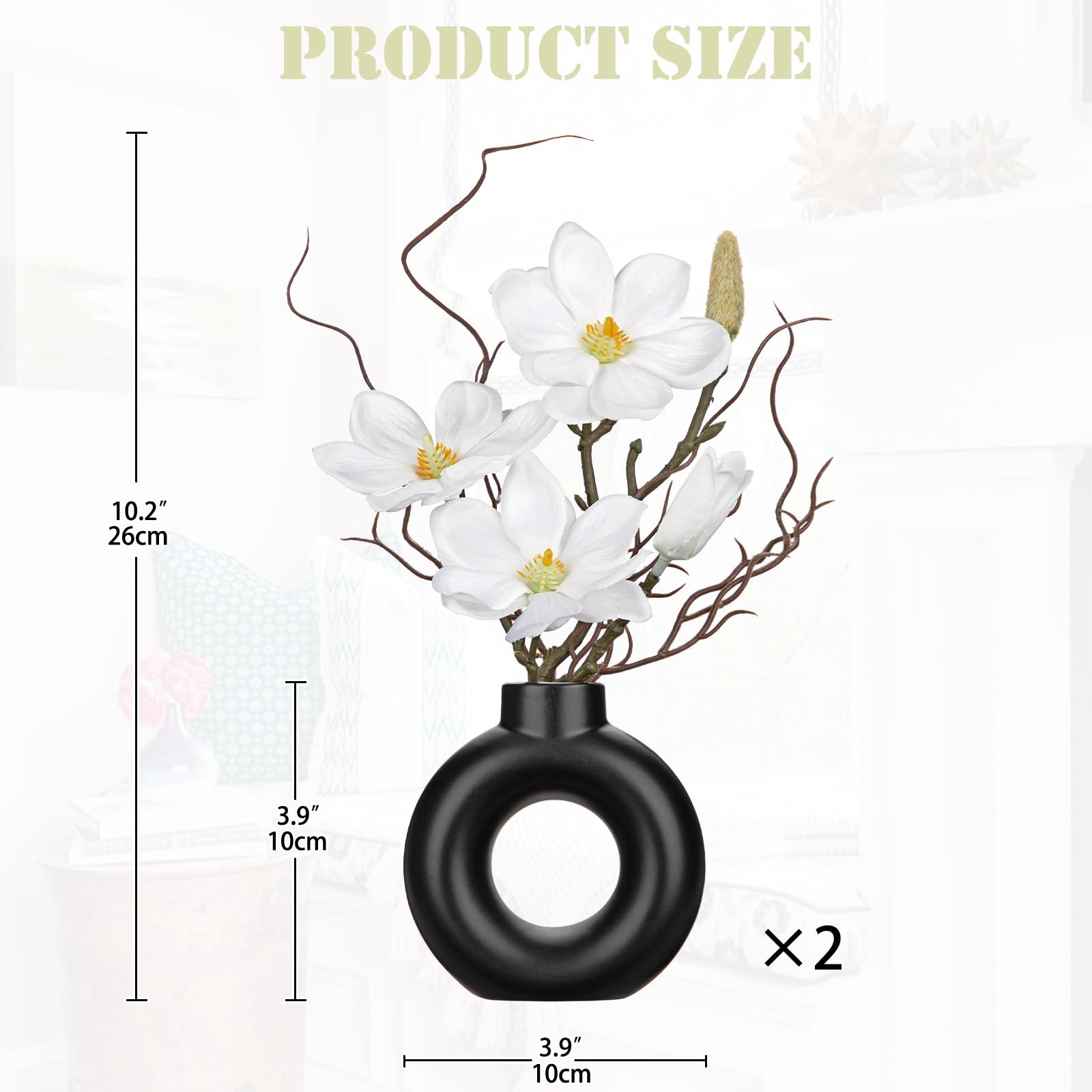2 PCS White Magnolia Artificial Flowers In Black Vase Faux Floral Centerpiece