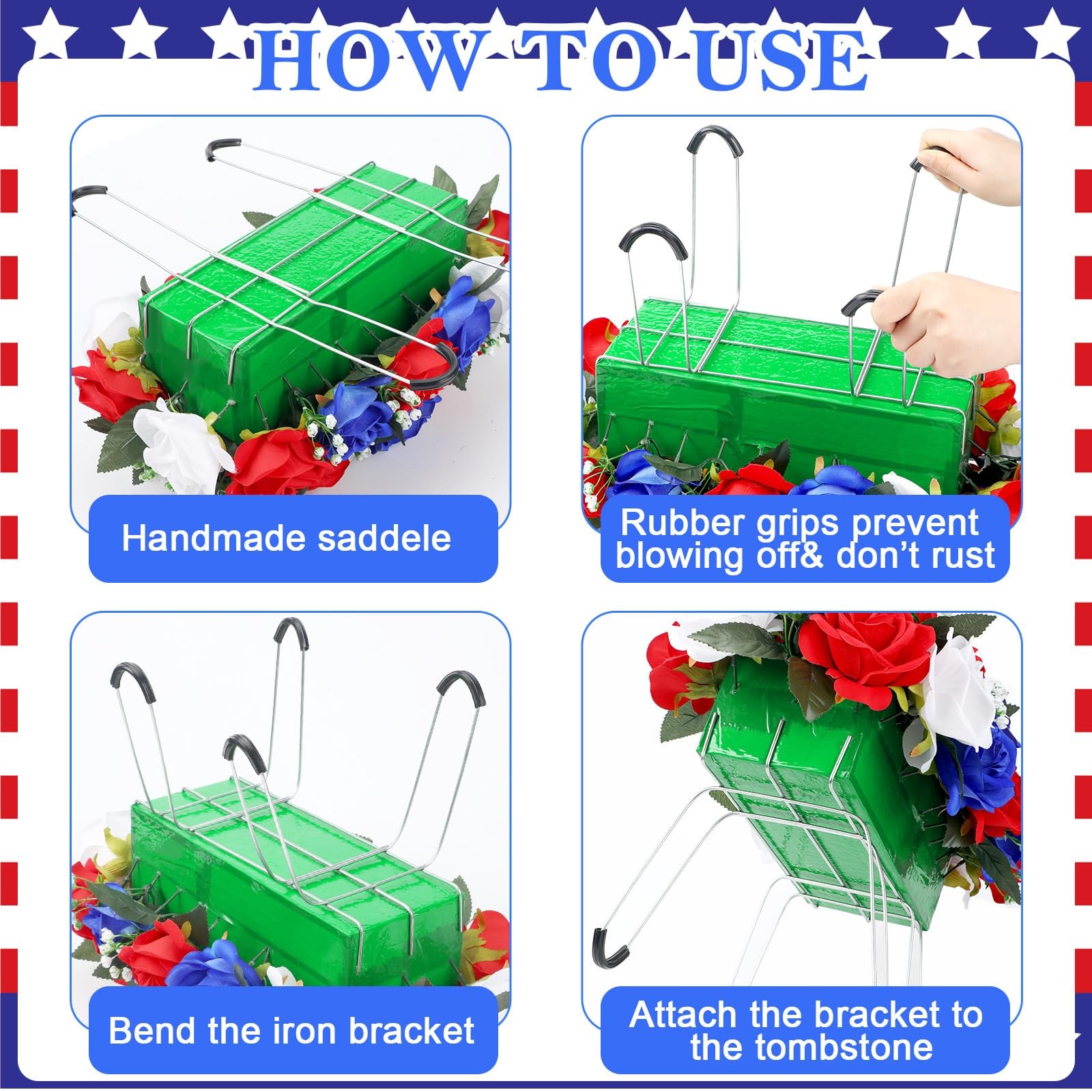 Patriotic Headstone Flower Saddle with Americans, 4th of July Red White Flag