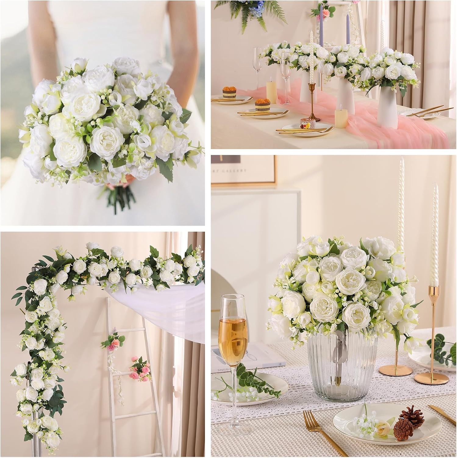 2 Packs Vintage Silk Peony Bouquet for Elegant Vase Arrangements – White