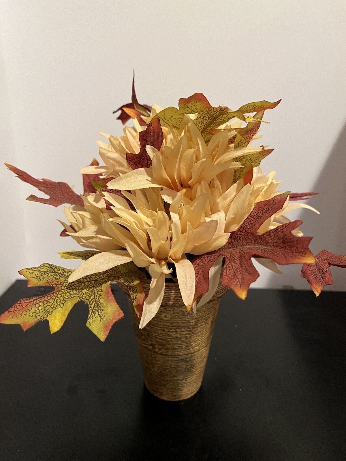 Pier 1 Fall Mums & Leaves Faux Floral Arrangement Yellow/brown Pot 9” Tall