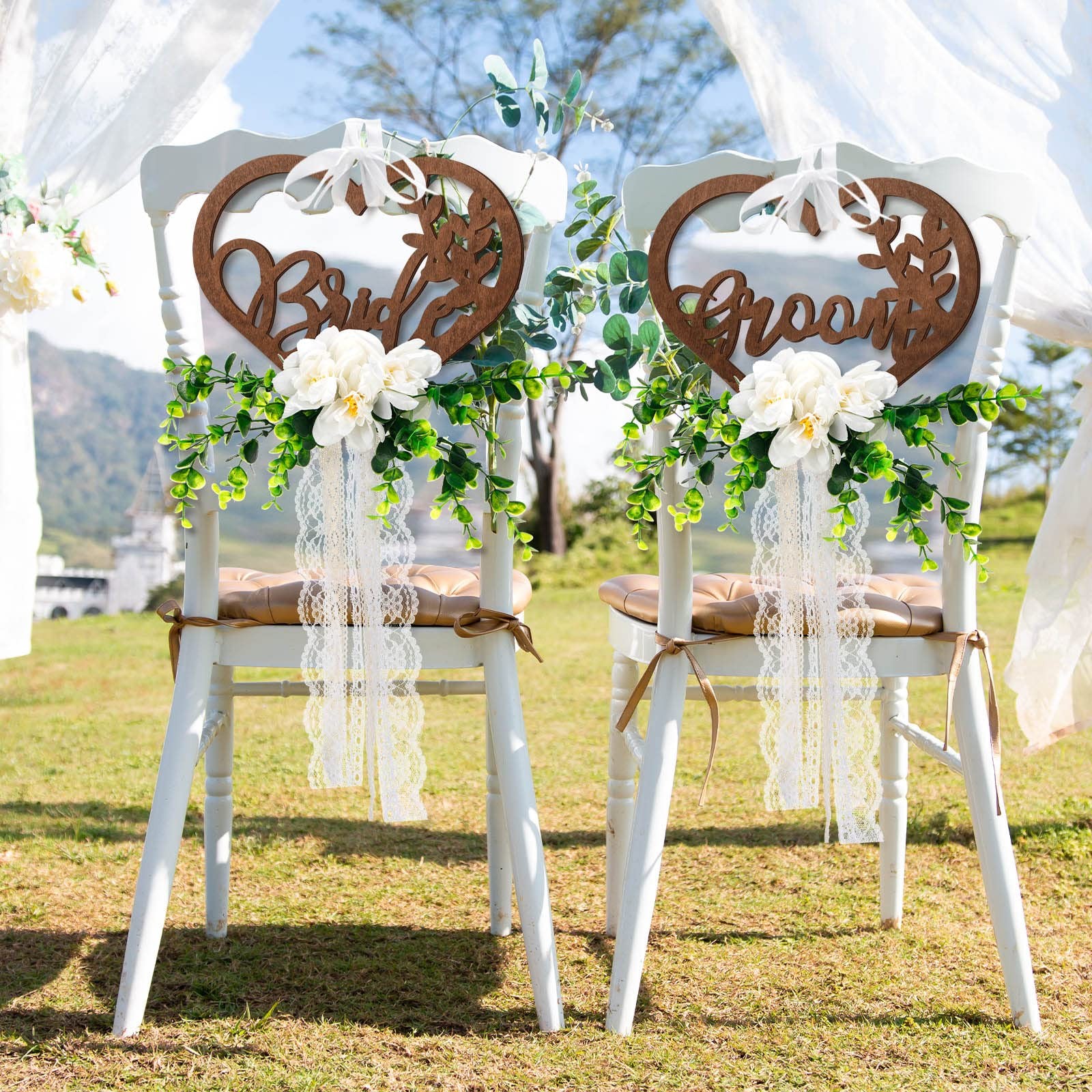 Bride and Groom Floral Chair Decorations Signs Wooden Rustic Mr Mrs Ribbons