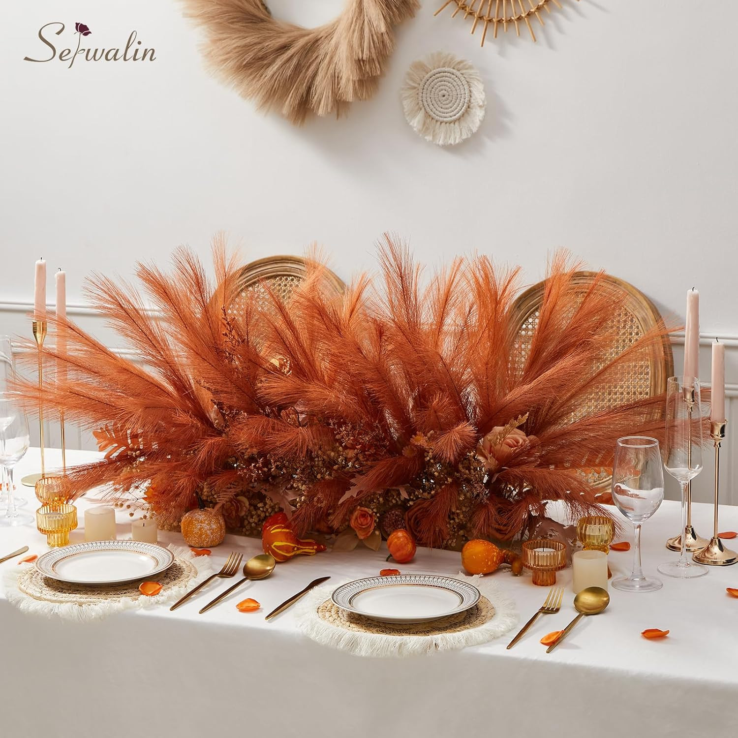 60PCS Burnt Orange Pampas, 17.7Inch Terracotta Pampas Grass Decor, Fall Faux Pam