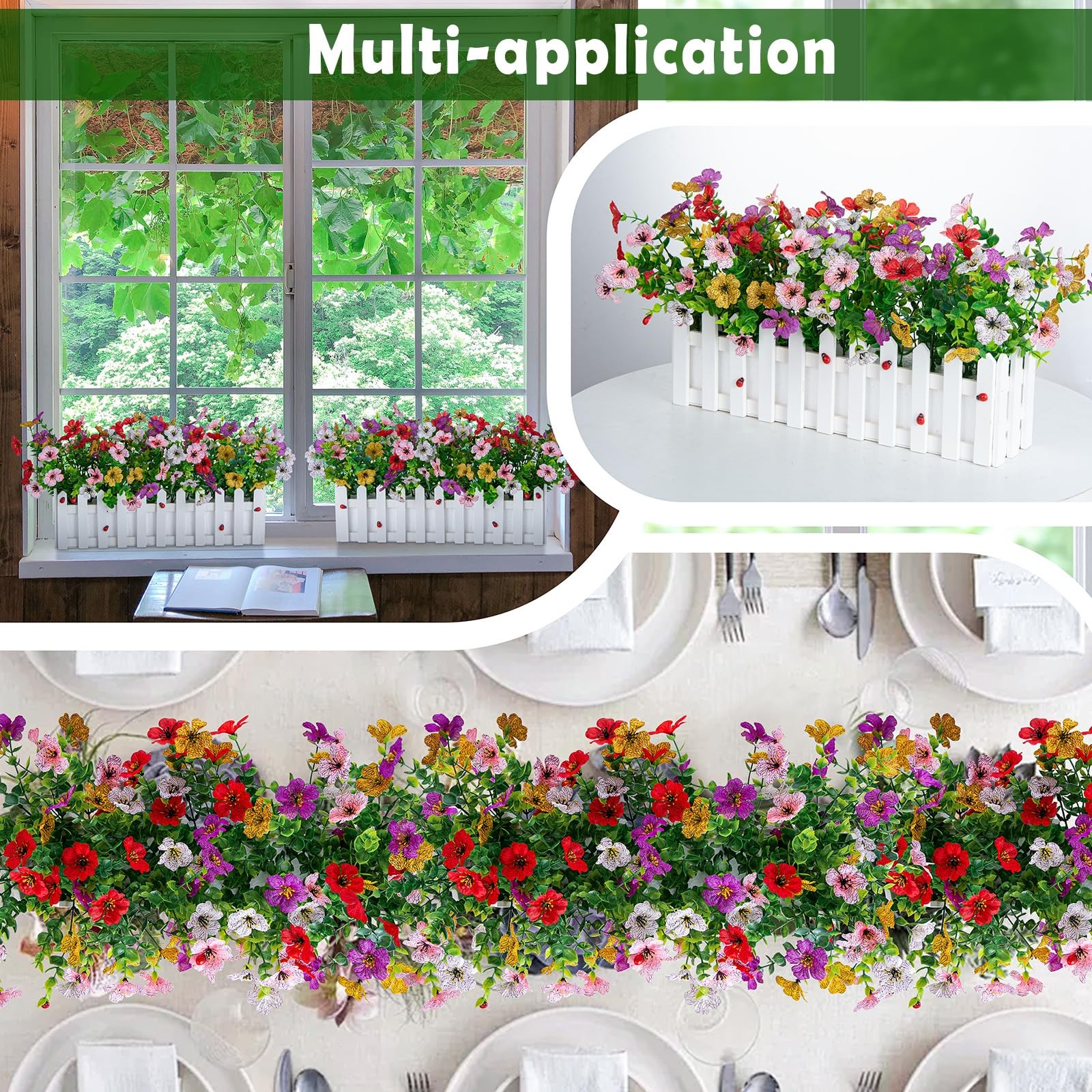 New Artificial Colorful Flowers Plants in Picket Fence Pot, Fake Silk Eucalyptus