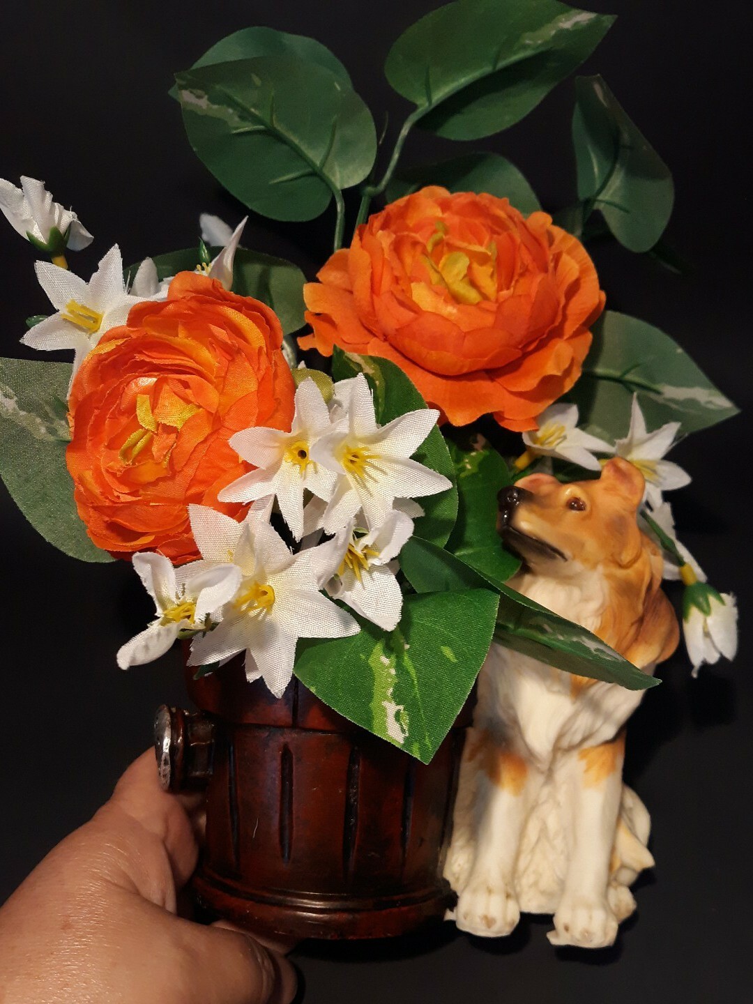 Collie Dog With Barrel Planter Floral Arrangements Puppy Resin