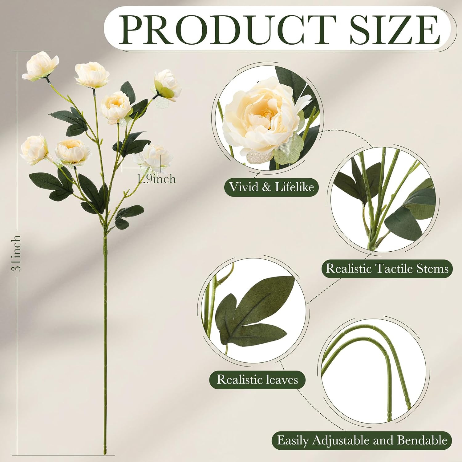 31 Inch Large Beige Artificial Peonies 6 Pack Real Look Faux Flowers Wedding