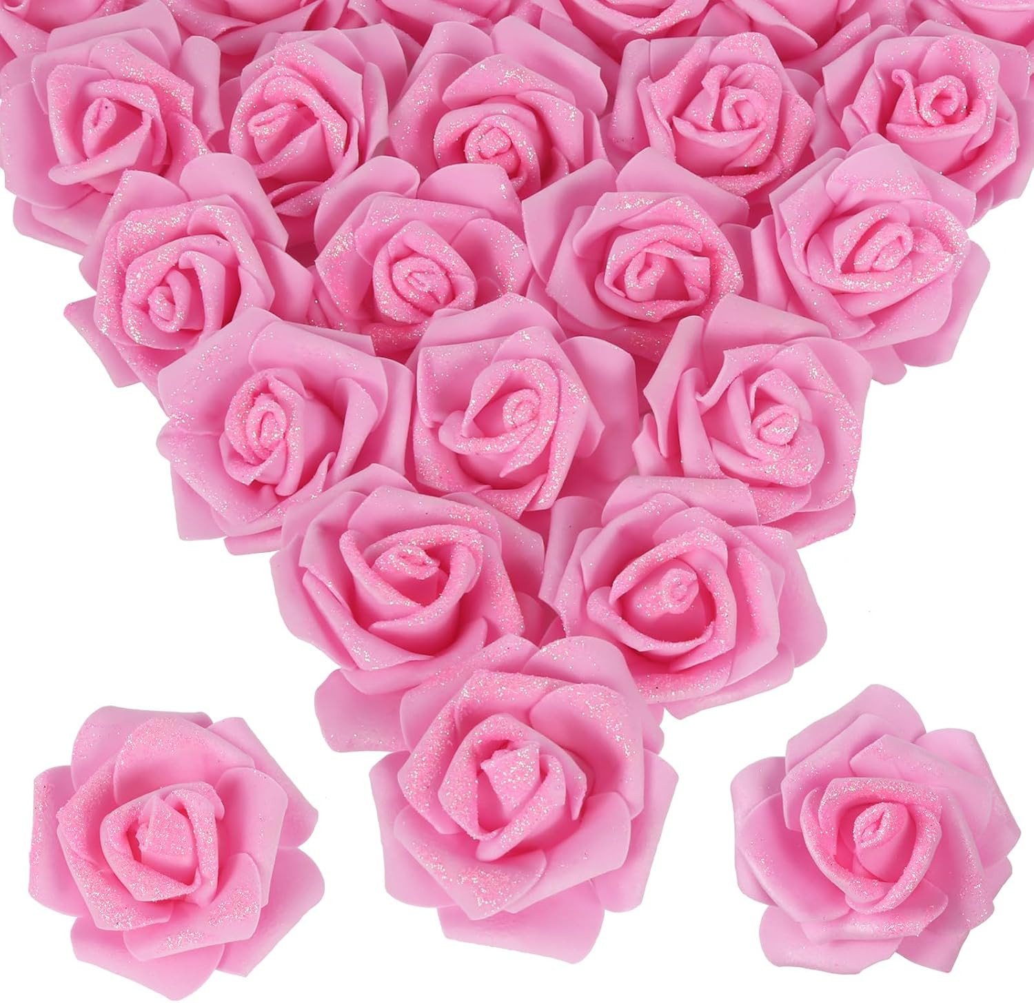 Pink Glitter Roses 100Pcs Foam Roses Stemless 2.56″ Pink Artificial Roses Glitte