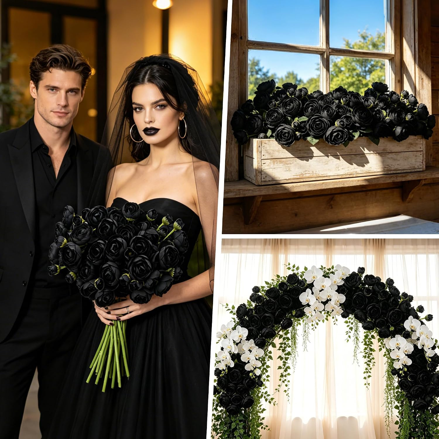 Black Faux Silk Ranunculus Bouquet – 24 Stems for Weddings & Home Décor