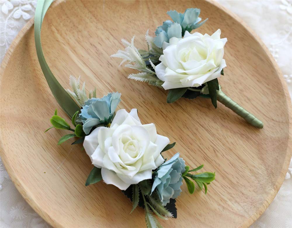 Artificial Rose Boutonniere Corsage Set Silk Flower Wedding Prom Party White